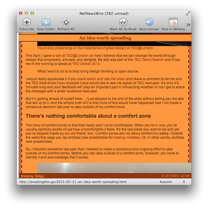 Screenshot of NetNewsWire destroying my article with its Autumn theme.